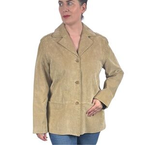 BAGATELLE RETRO NOTCH COLLAR BUTTON DOWN TAN SUEDE LEATHER BLAZER JACKET